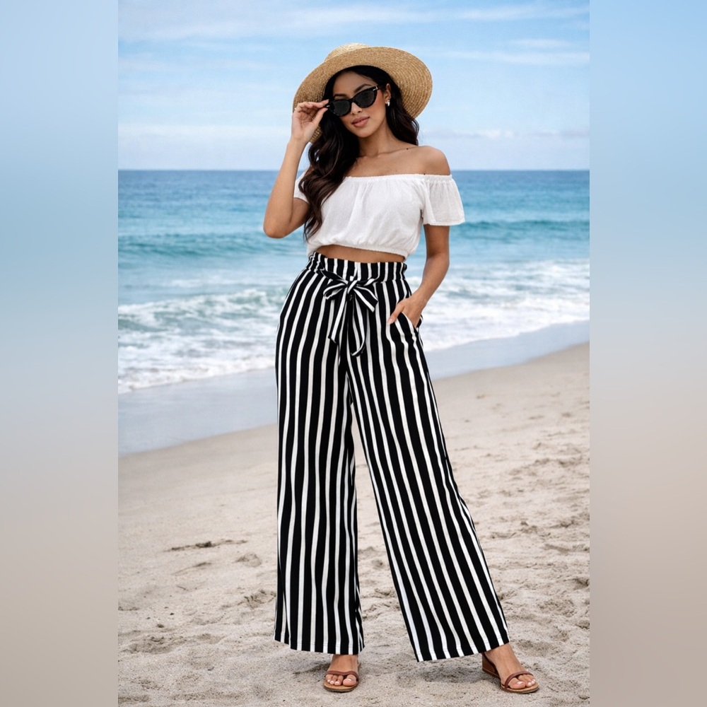Zara Basic Black White Striped Wide Leg Pants Paperbag Tie Waist L